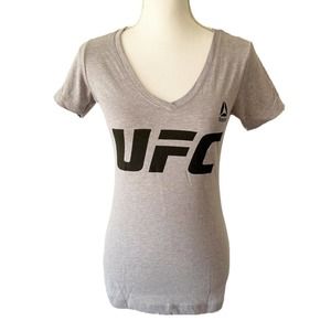 NWT Reebok Grey UFC Graphic V Neck Short Sleeve Fitted T-Shirt Womens Size Small